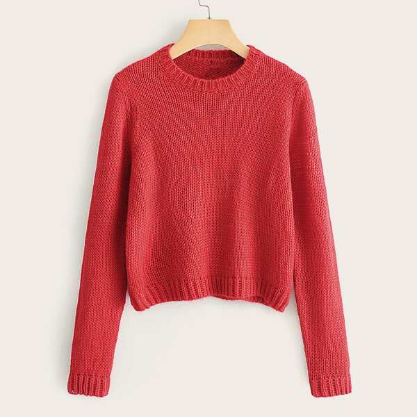 

Solid Rib-Knit Round Neck Sweater, Red