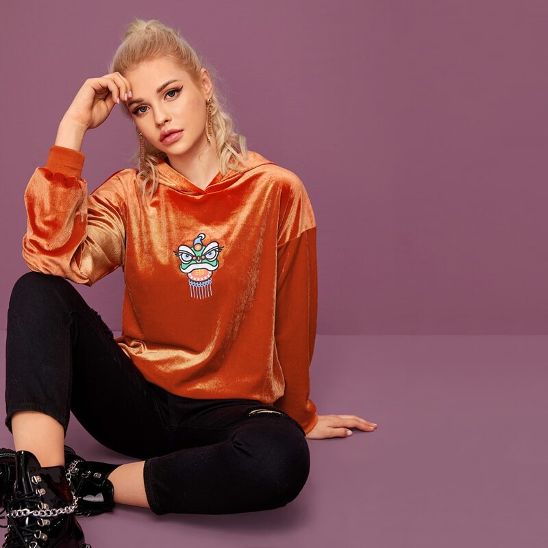

Cartoon Graphic Velvet Hoodie, Orange