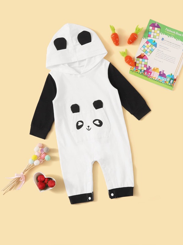 

Baby Boy Contrast Panel Cartoon Graphic Hooded Jumpsuit, Black and white