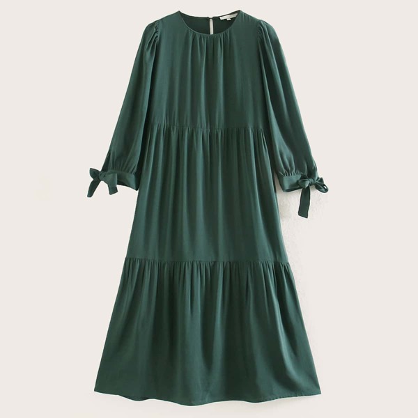 

Tie Cuff Ruffle Hem Dress, Dark green