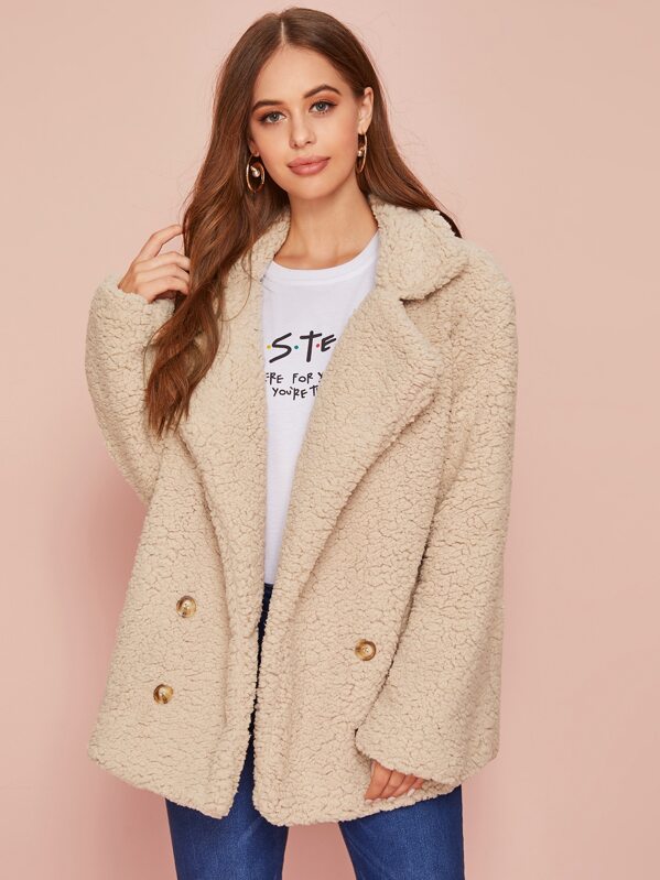 

Lapel Collar Double-Breasted Teddy Coat, Beige, Sonya