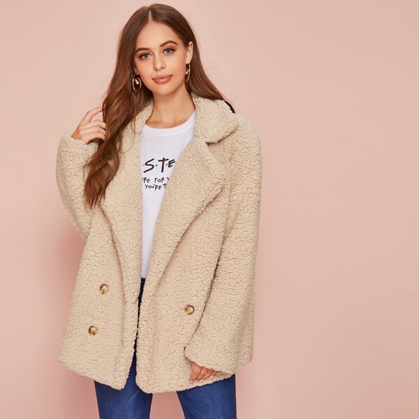 

Lapel Collar Double-Breasted Teddy Coat, Beige
