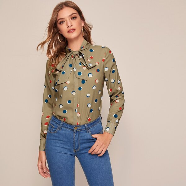 

Polka Dot Tie Neck Blouse, Army green