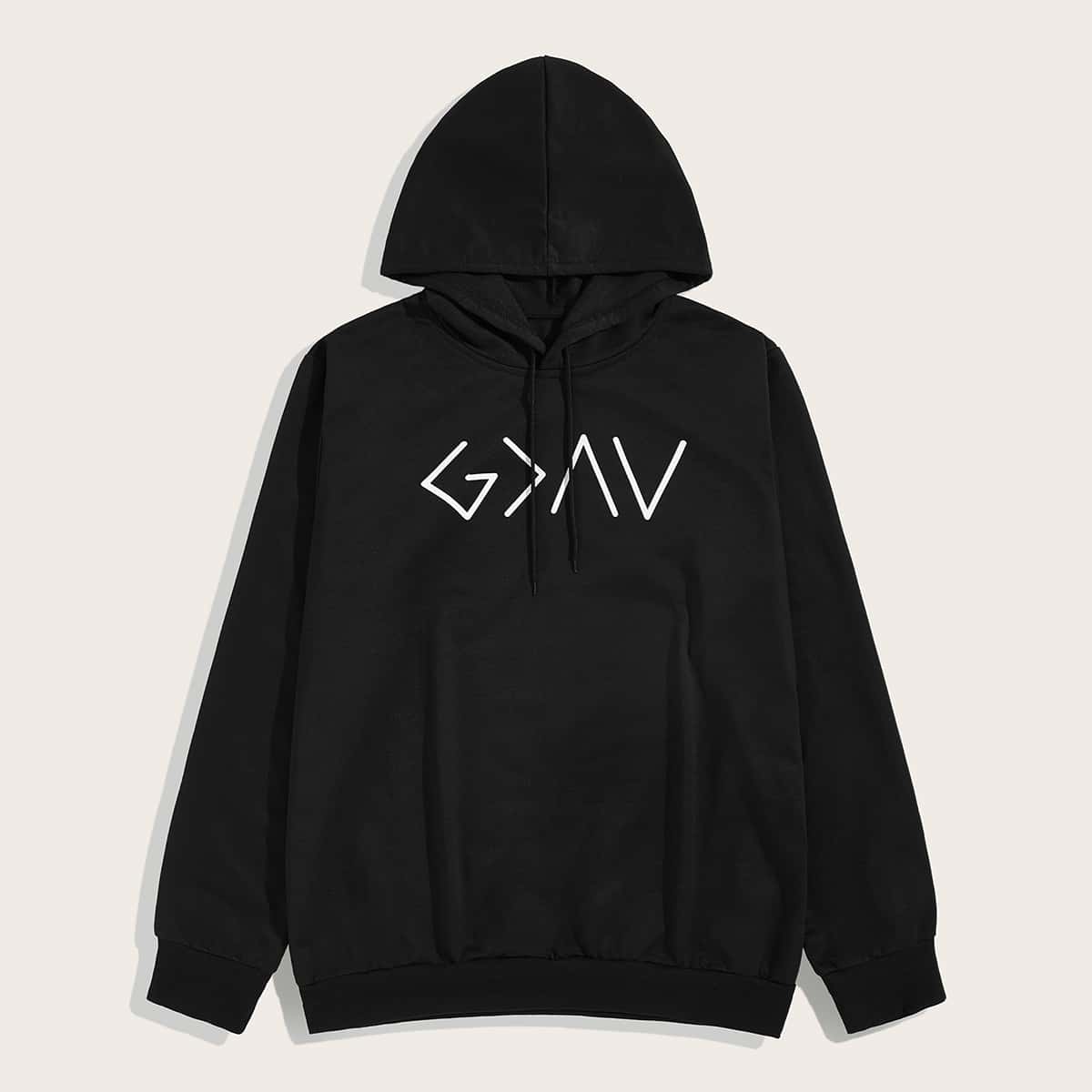 

Guys Letter Graphic Drawstring Hoodie, Black