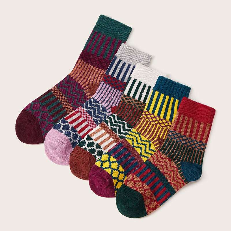 

5pairs Tribal Striped Pattern Socks, Multicolor