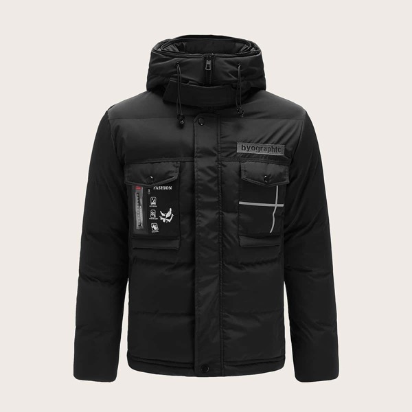 

Men Reflective Tape Letter Graphic Hooded Puffer Coat, Black