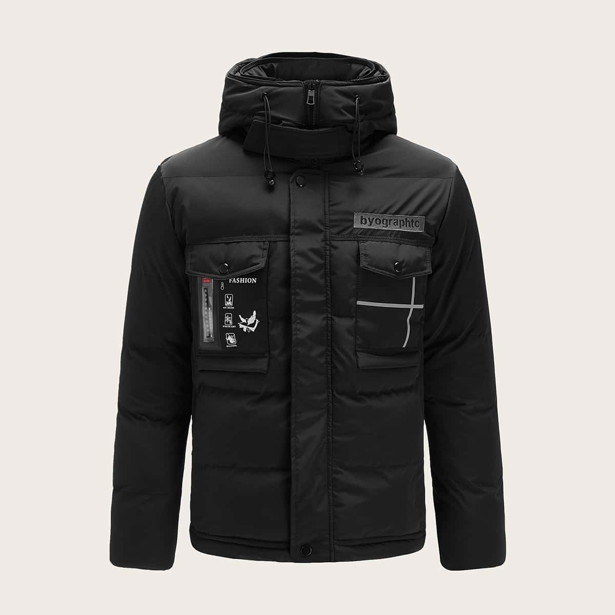

Guys Reflective Tape Letter Graphic Hooded Puffer Coat, Black