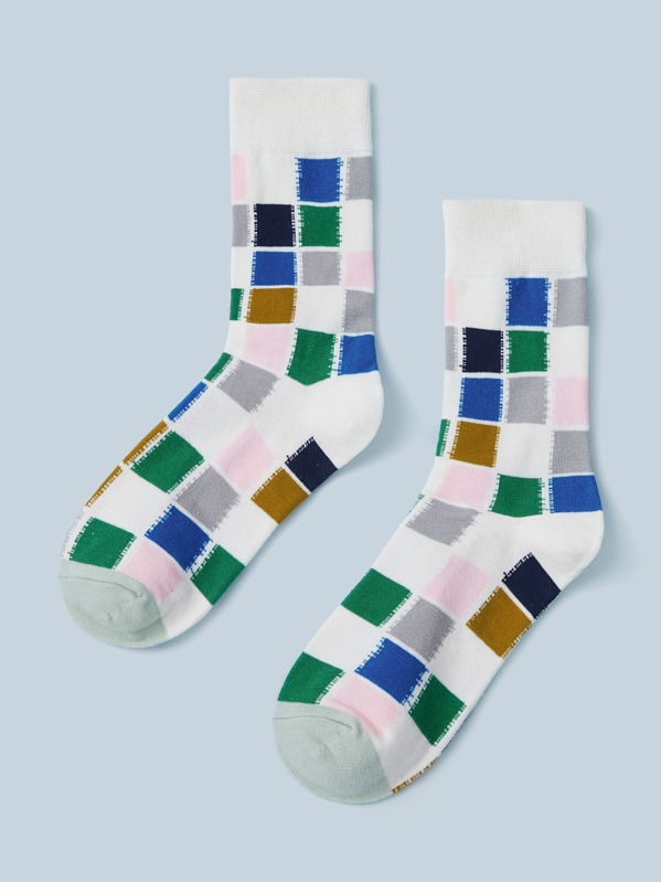 

1pair Men Plaid Pattern Socks, Multicolor