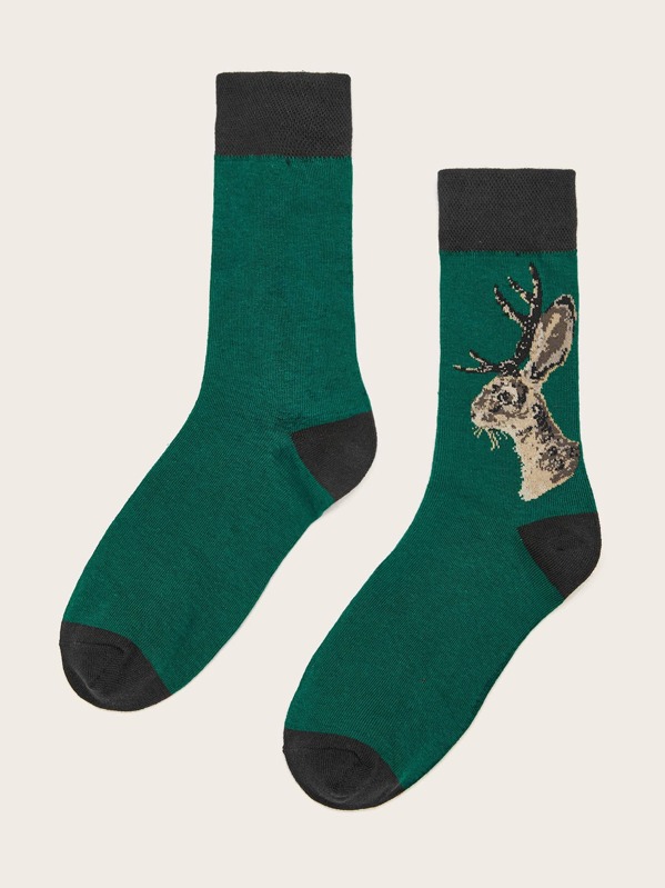 

1pair Men Deer Pattern Socks, Green