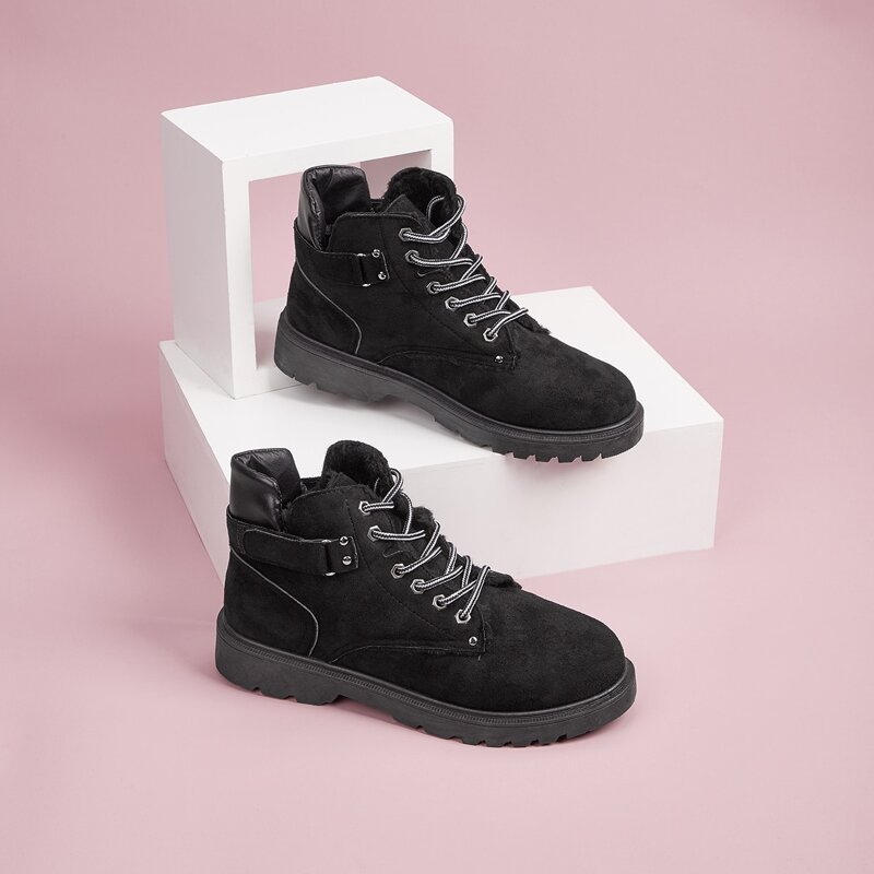 

Velcro Decor Lace-up Combat Boots, Black