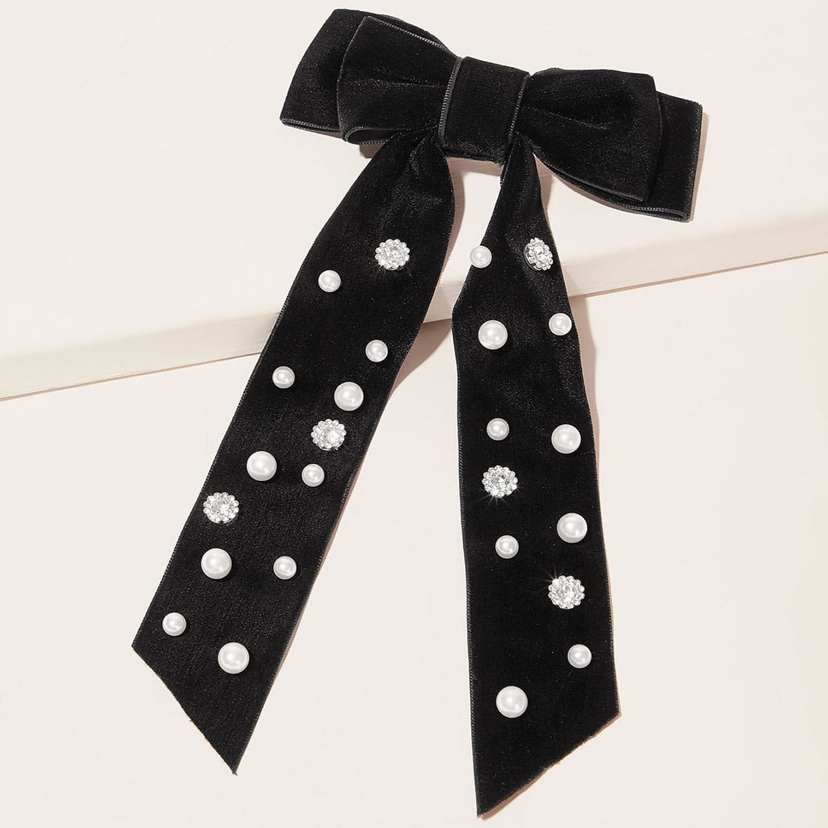 

Faux Pearl Decor Bow Spring Hair Clip, Black
