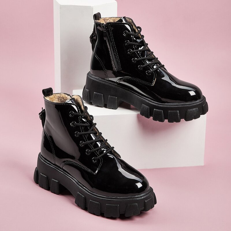 

Heart Buckle Lace-up Chunky Boots, Black