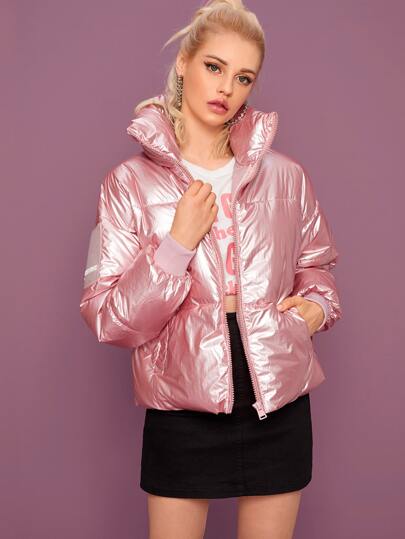 Our Metallic Patched Zip-up Puffer Jacket is such a vibe - ROMWE