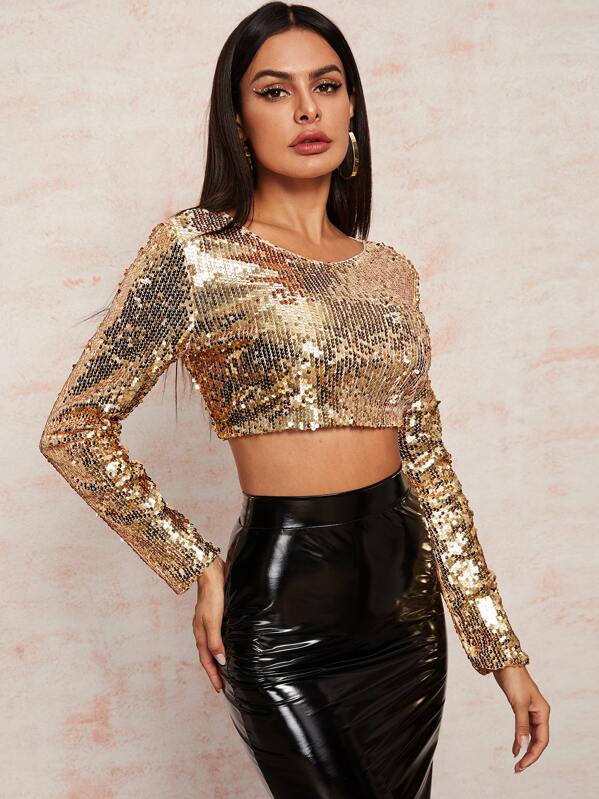 

Metallic Sequin Long Sleeve Crop Tee, Gold, Andy
