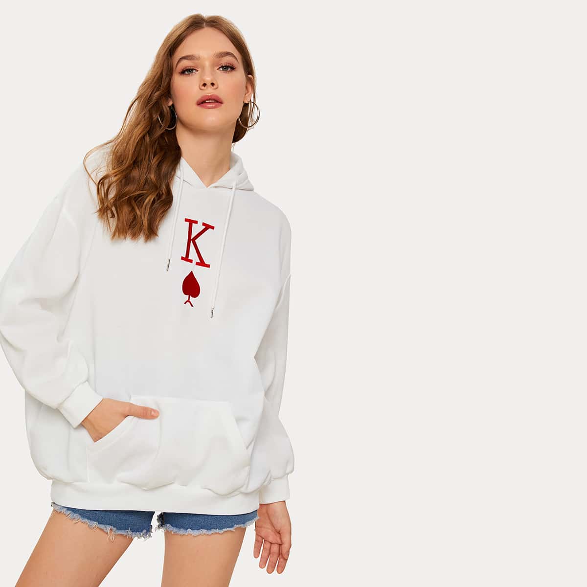 

Poker Card Embroidery Kangaroo Pocket Oversized Hoodie, White