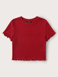 SHEIN Qutie Ribbed Lettuce-Edge Cropped Tee - Burgundy - View 3