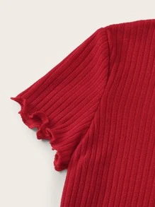 SHEIN Qutie Ribbed Lettuce-Edge Cropped Tee - Burgundy - View 4