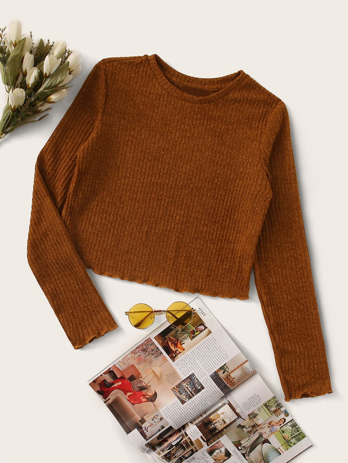 SHEIN EZwear Lettuce Trim Rib-knit Crop Tee