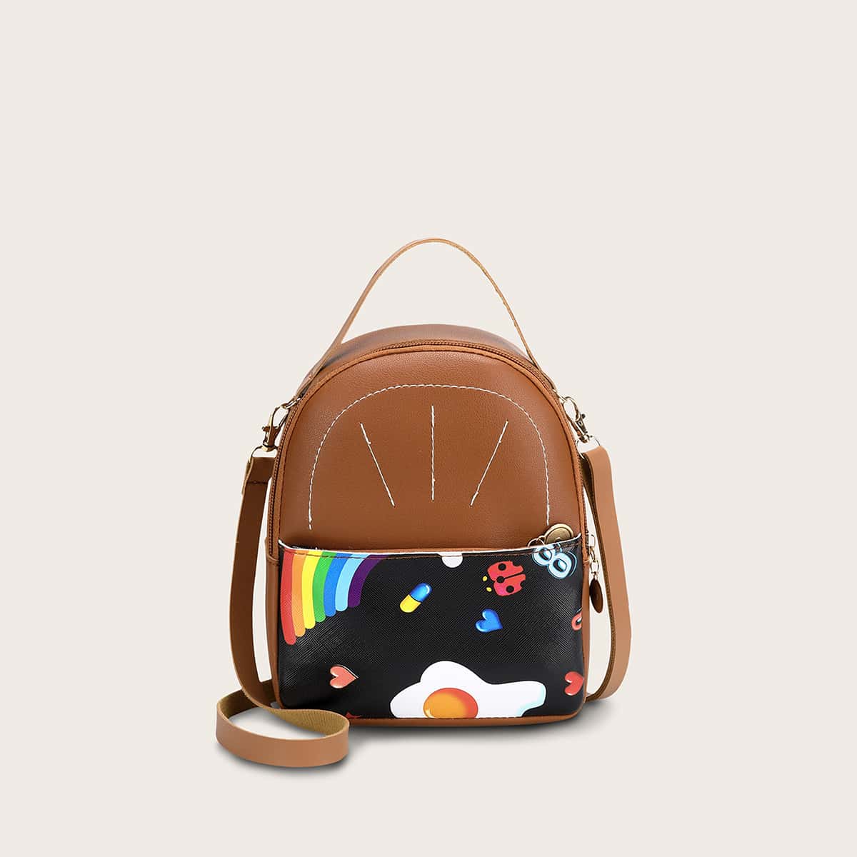 

Rainbow & Heart Graphic Curved Top Backpack, Multicolor