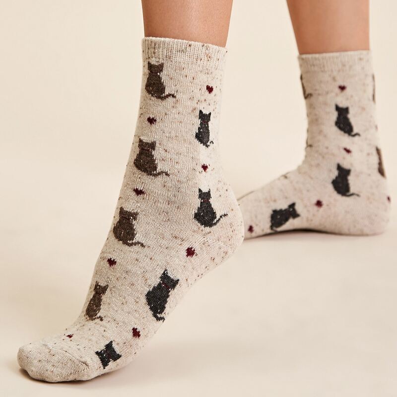 

1pair Cat & Heart Pattern Socks, Multicolor