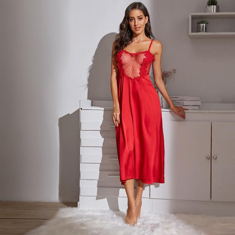 

Contrast Lace Satin Slips With Thong, Red