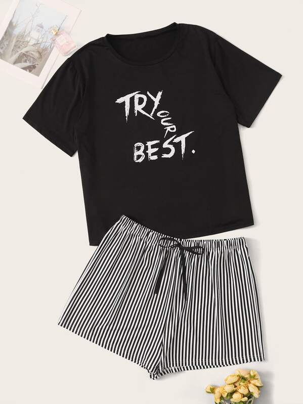 

Plus Letter & Striped Print PJ Set, Black and white