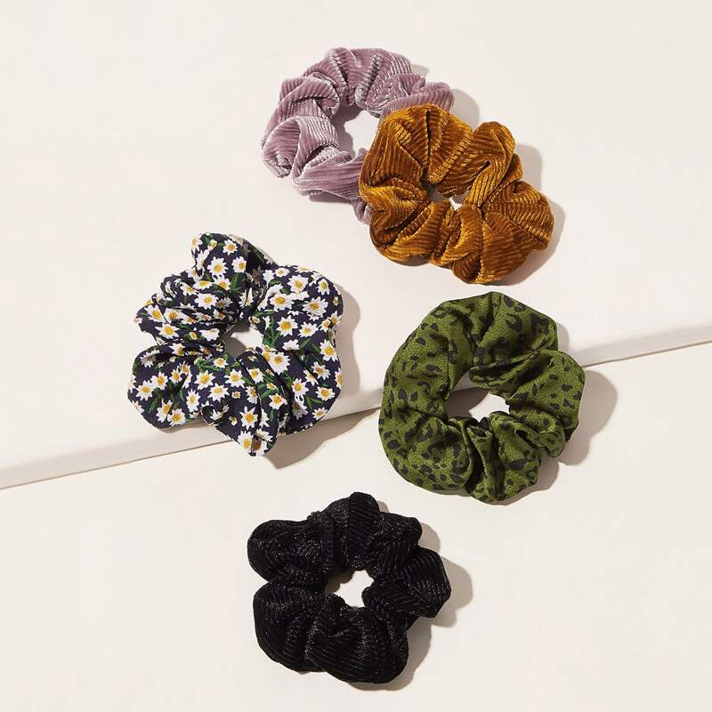 

5pcs Daisy & Leopard Pattern Scrunchie, Multicolor