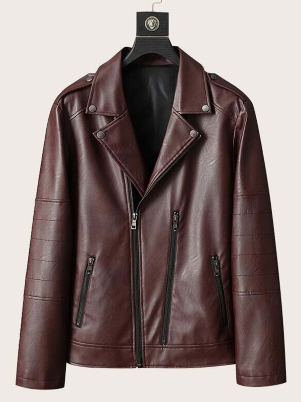

Men Zip Up PU Leather Biker Jacket, Burgundy