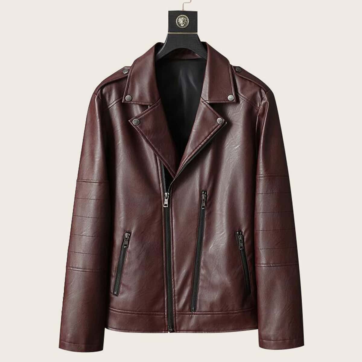 

Guys Zip Up PU Leather Biker Jacket, Burgundy