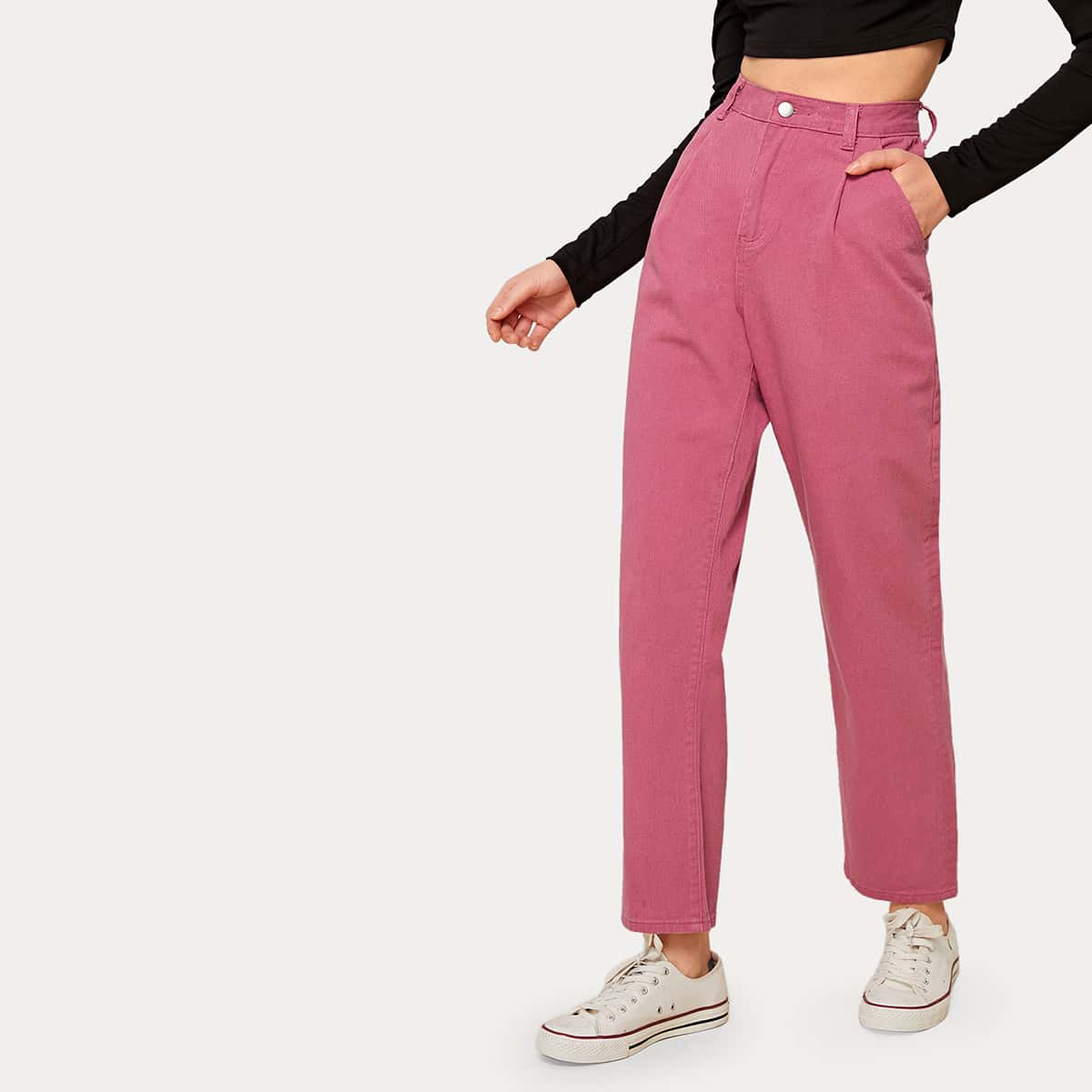

Solid Slant Pocket Straight Leg Jeans, Pink