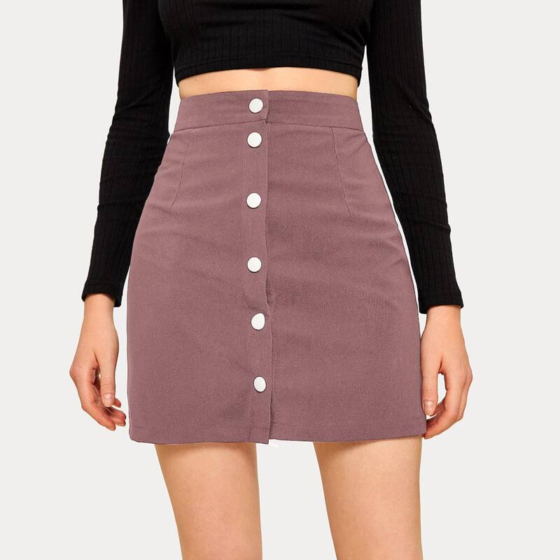

Solid Button Front Corduroy Mini Skirt, Nude