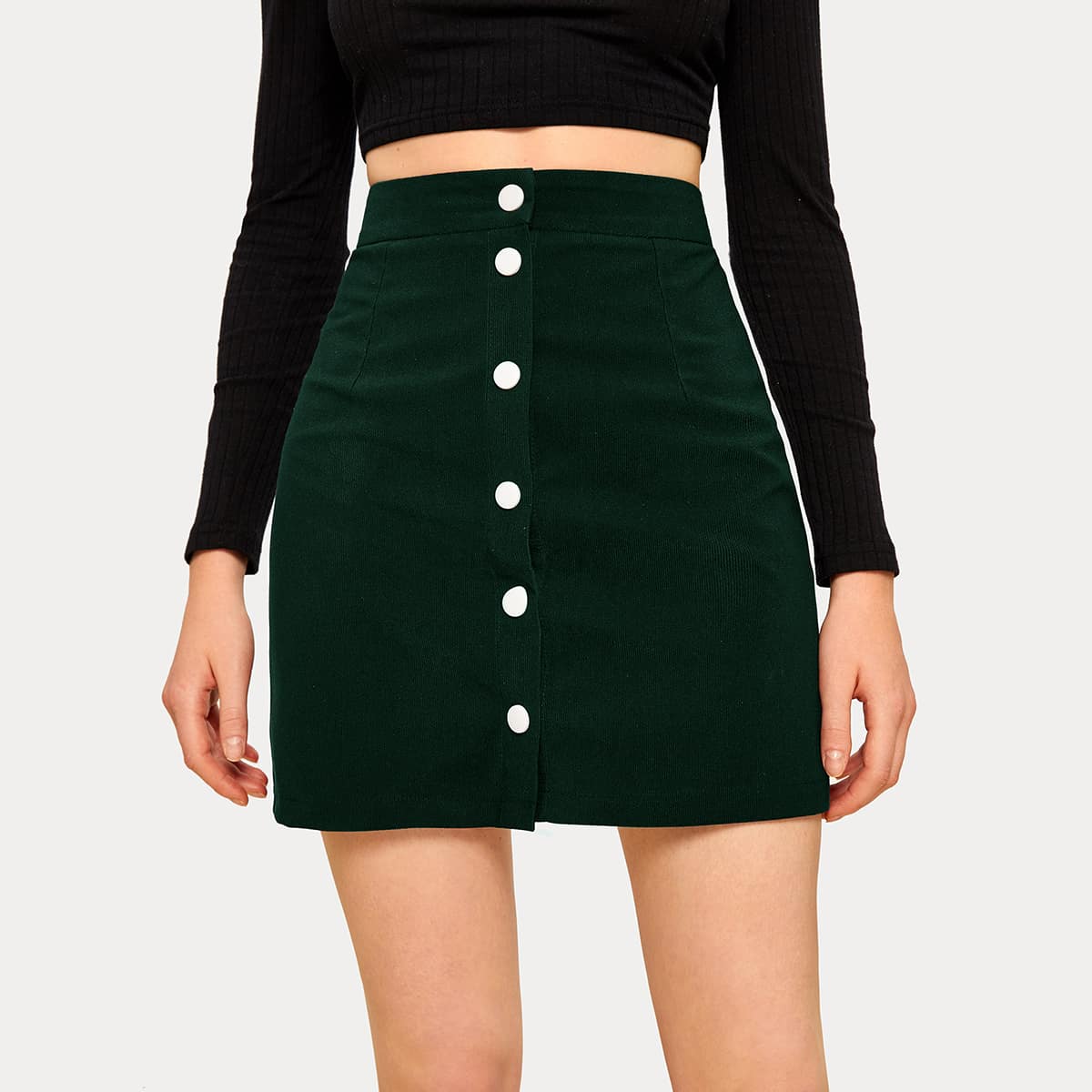

Solid Button Front Corduroy Mini Skirt, Green