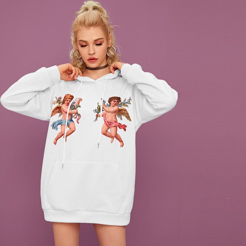 

Angel Print Drawstring Sweatshirt Dress, White