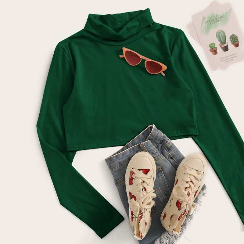 

Solid High Neck Long Sleeve Crop Tee, Green