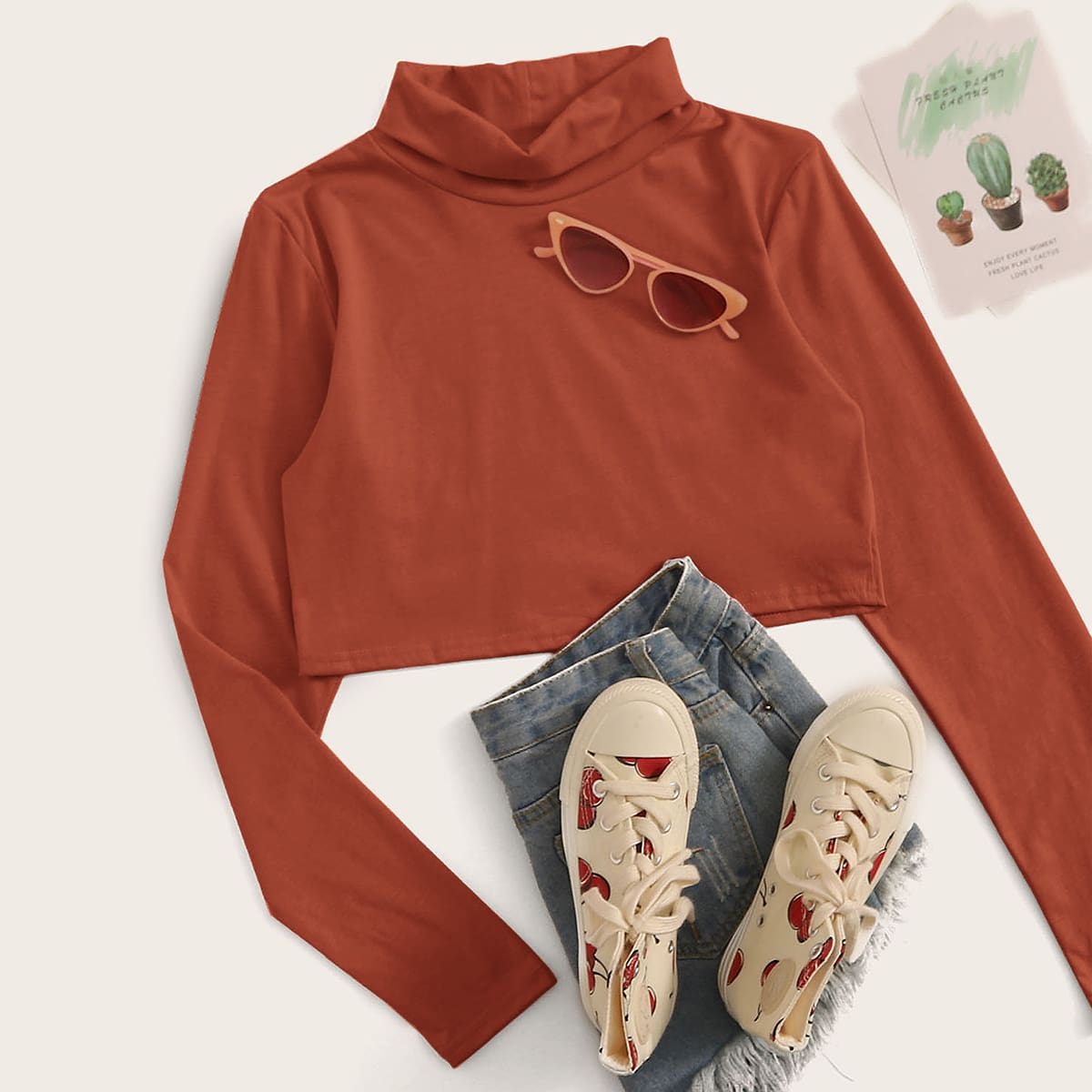 

Solid High Neck Long Sleeve Crop Tee, Red