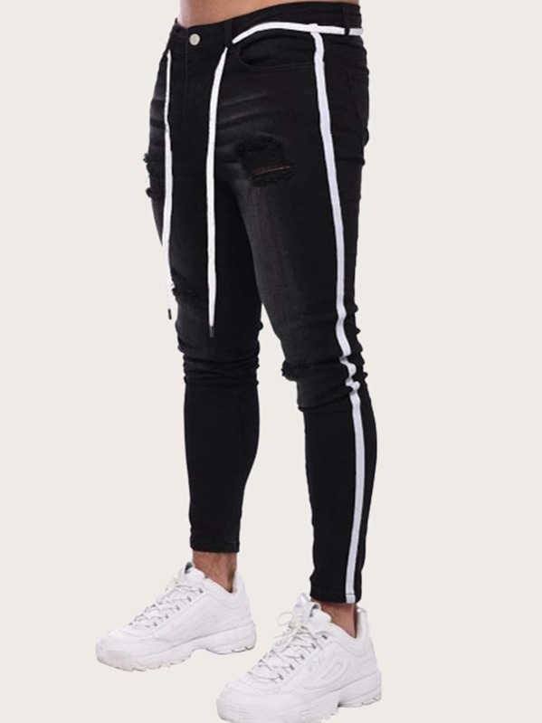 

Men Tape Side Ripped Belted Jeans, Black