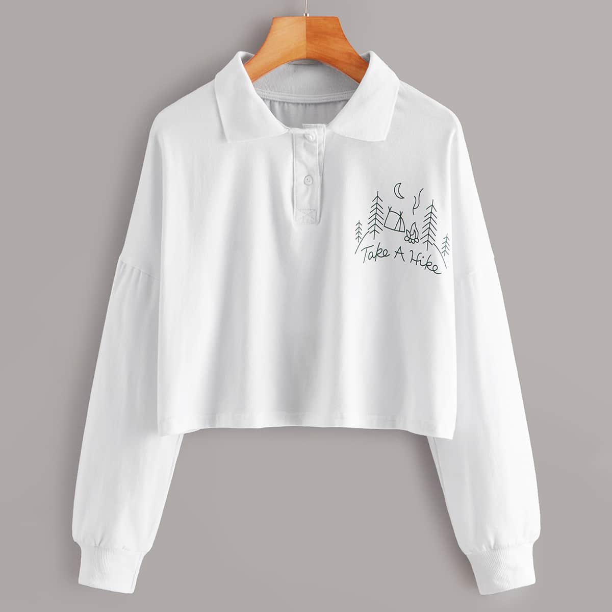 

Letter & Cartoon Print Polo Neck Crop Tee, White