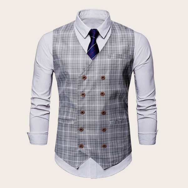 

Men Double Breasted Houndstooth Waistcoat, Grey