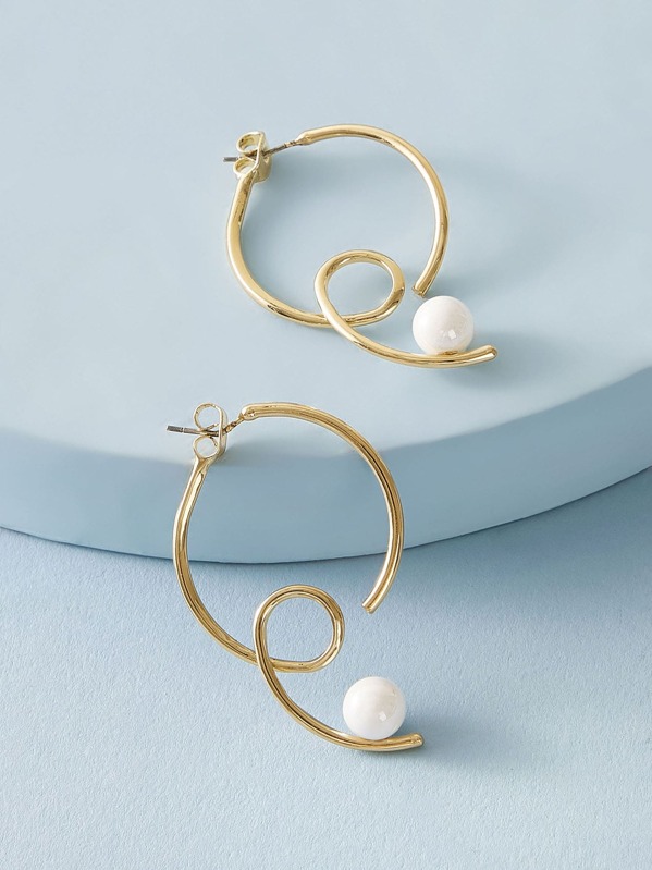 

1pair Faux Pearl Decor Geometric Hoop Earrings, Gold