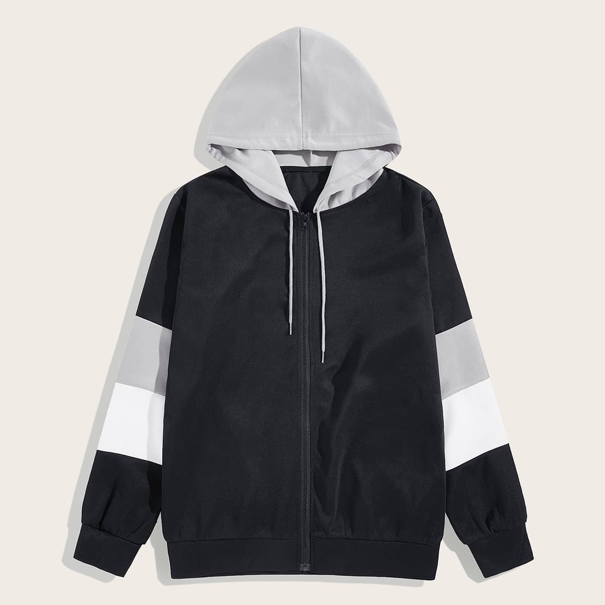 

Guys Contrast Panel Drawstring Hooded Jacket, Black