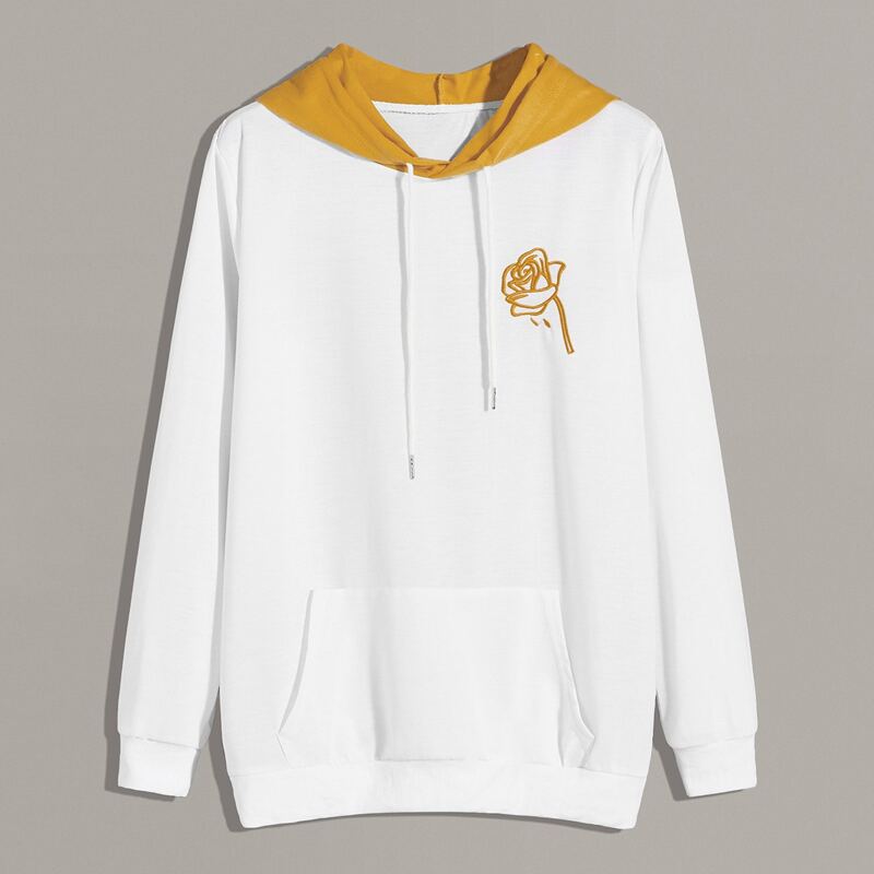 

Guys Floral Print Drawstring Contrast Hooded Sweatshirt, White