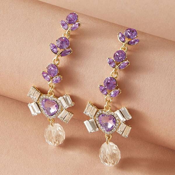 

1pair Rhinestone Engraved Long Heart Drop Earrings, Multicolor