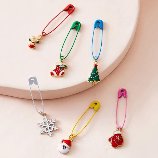 

6pcs Christmas Santa Claus & Deer Decor Brooch, Multicolor