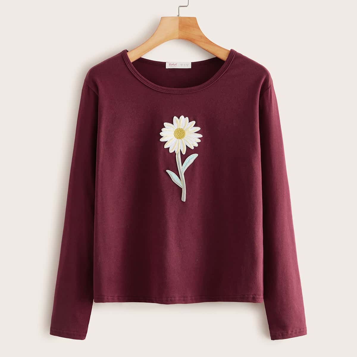 

Floral Patched Long Sleeve Tee, Burgundy