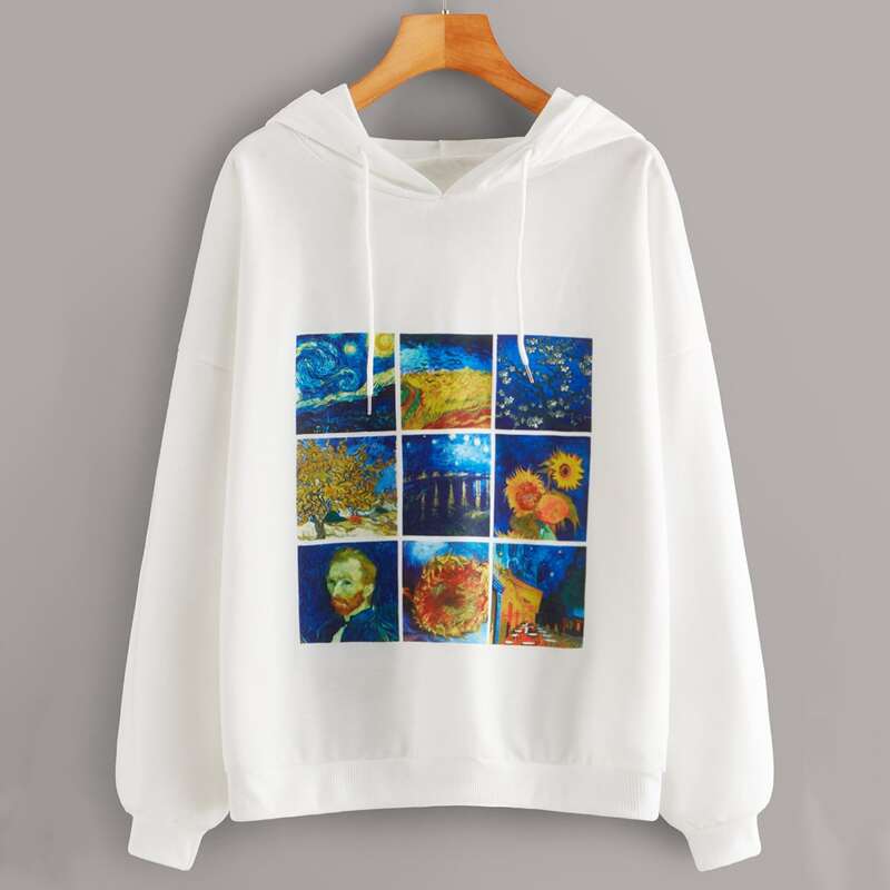 

Graphic Print Drawstring Hoodie, White