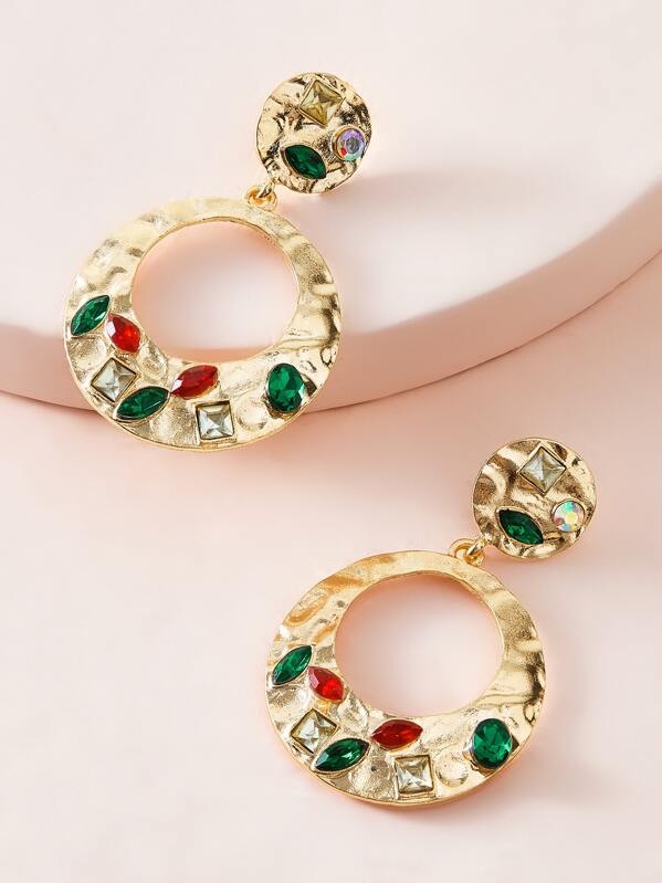 

1pair Gemstone Engraved Hammered Open Round Drop Earrings, Gold