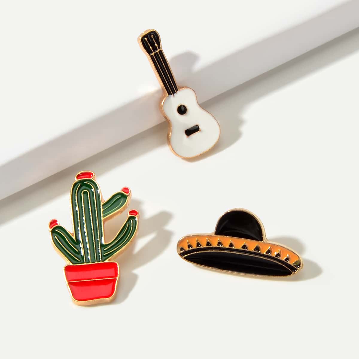 

3pcs Guitar & Cactus Design Brooch, Multicolor