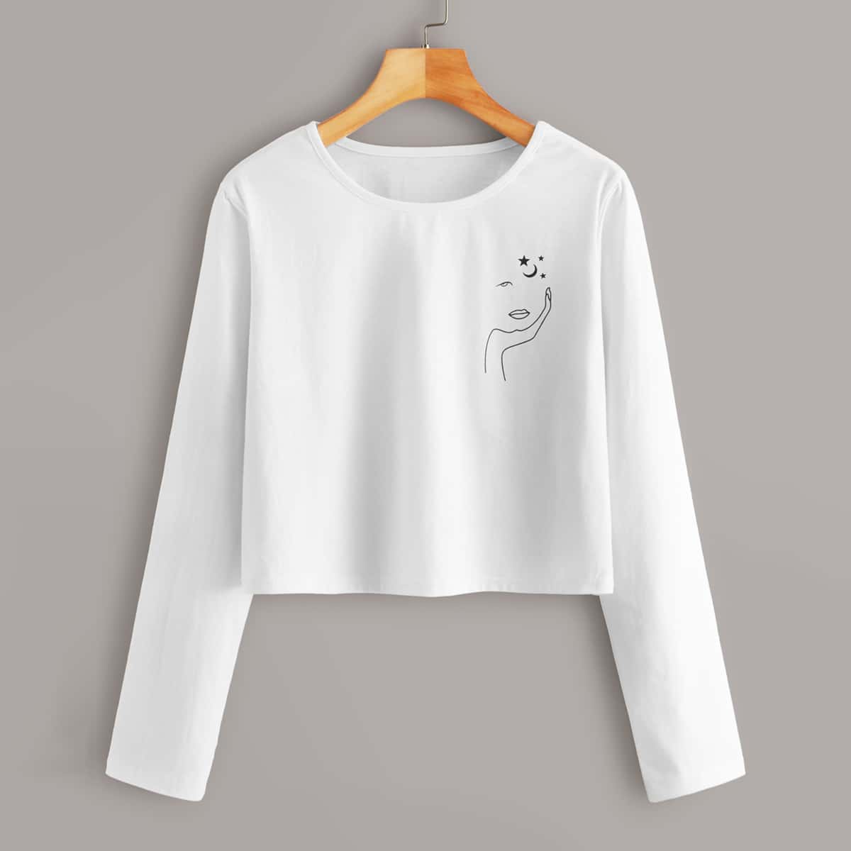 

Graphic Print Long Sleeve Crop Tee, White
