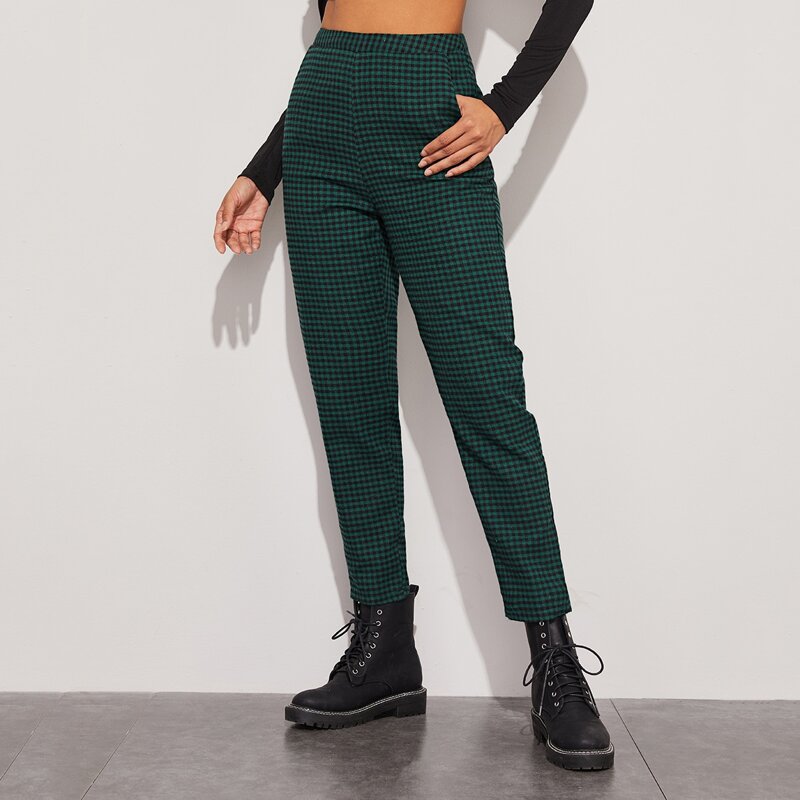 

Gingham Print Elastic Waist Pants, Green