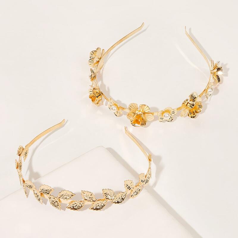 

New Year 2pcs Metallic Leaf & Flower Decor Headband, Gold